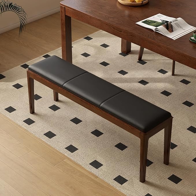 47.2'' Leather Upholstered Dining Bench with 100% Solid Oak Wood Bench Frame, 13.8'' Widened Padded Bed End Bench Ottoman for Kitchen Living Room Bedroom Entryway, Black