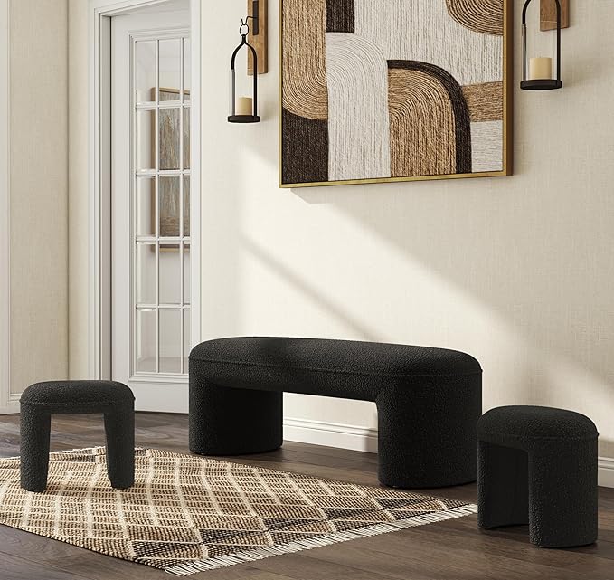 Hyfirm 3-Pieces Modern Upholstered Ottoman Waterfall Bench for Bedroom End of Bed, 53" Sherpa Entryway Bench Sets, Comfy Indoor Narrow Window Bench Bed Stool Living Room Bedroom, Black