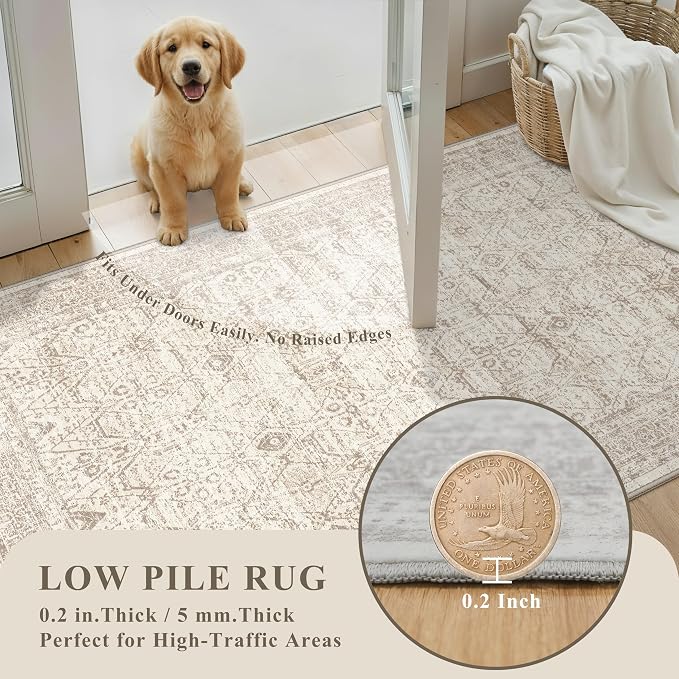 Washable Runner Rug 2x10 Hallway: Non Slip Vintage Boho Carpet with Rubber Backing for Kitchen Entryway Hall Holiday Farmhouse Neutral Cream Long Runners (Brown/Ivory 2'x10')