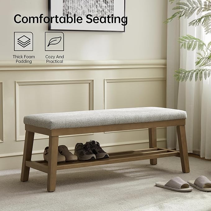 VKNOW Entryway Bench, 44.4" Upholstered Shoe Storage Bench for Entryway & Bedroom, Shoe Bench with Rubberwood Legs, Modern End of Bed Storage Bench for Living Room and Hallway, Beige