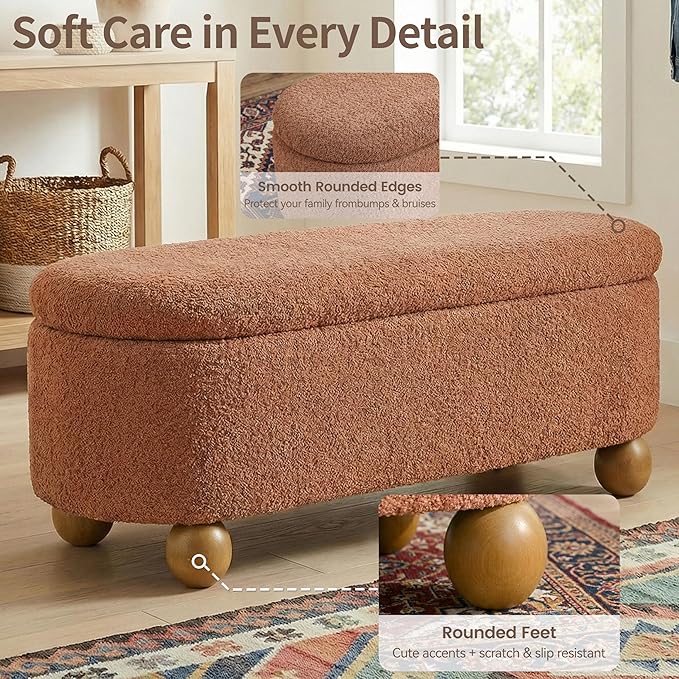 VKNOW 44.8" Storage Ottoman Bench End of Bed Bench, Thickened Upholstered Blanket Chest for Living Room, Entryway Bench with Cute Spherical Solid Wood Stool Legs for Bedroom, Orange