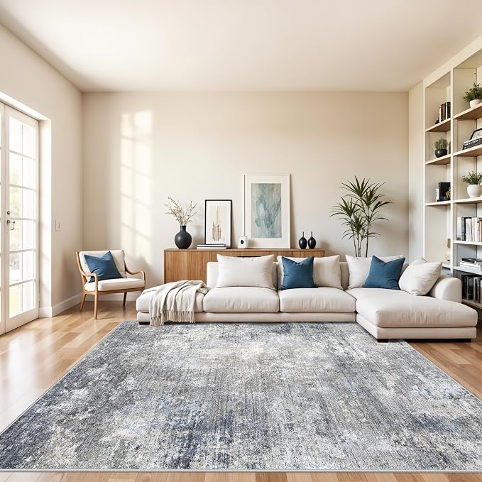 8x10 Washable Living Room Rug – Modern Neutral Abstract Large Area Rug for Bedroom Dining Room Kitchen Home Office Under Table – Non-Slip Low Pile Soft Thin Indoor Carpet（Blue Grey,8x10）