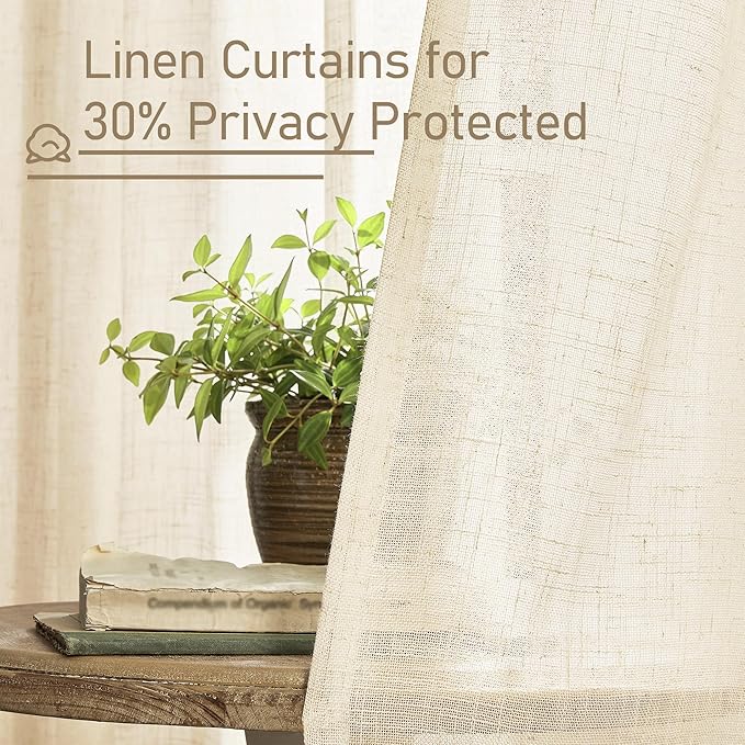 LAMIT Short Window Linen Curtains 48 Inch Length 2 Panels, Beige Light Filtering Panels Back Tab and Rod Pocket Neutral Drapes for Bathroom/Loft Room, 34 x 48 Inch