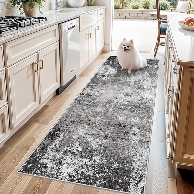 Kitchen Runner Rug 3x7 Washable Non-Slip Modern Abstract Neutral Carpet for Hallway, Entryway, Bedroom, Bathroom Low-Pile Thin Stain-Resistant Wide Floor Runner Black Grey