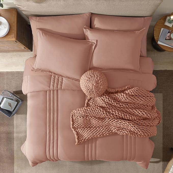 Monbix Full Size Comforter Sets - 7 Pieces Clay Pink Bed in a Bag Full Size Bedding Sets with Comforters, All Seasons Comforter with Sheets, Pillowcases & Shams