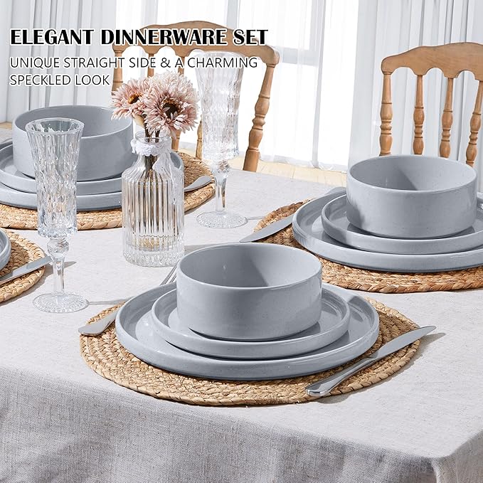 E-far 6-Piece Stoneware Dinnerware Sets, Plates and Bowls Set for 2, Kitchen Modern Dishes Set for Everyday & Formal, Chip and Scratch Resistant, Microwave & Dishwasher Safe, Speckled Gray