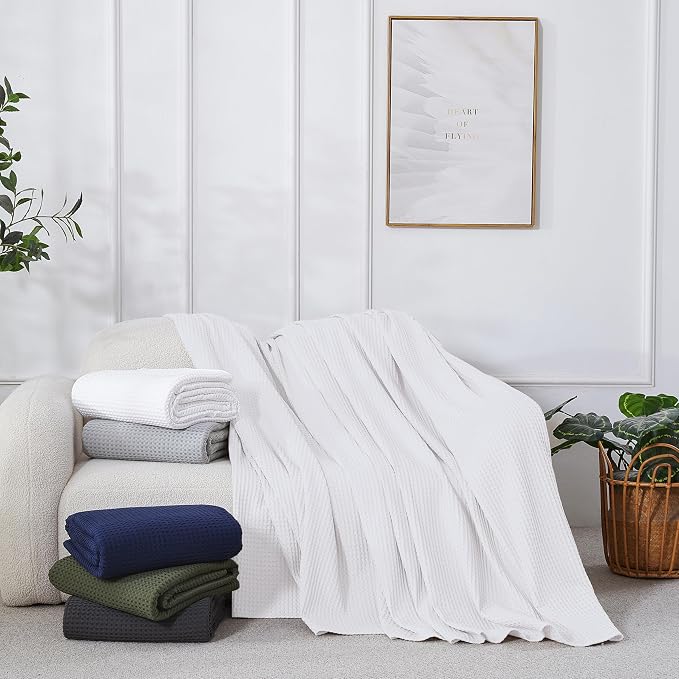 100% Egyptian Cotton Waffle Weave Blanket Queen Size for Bed, 320 GSM - Breathable and Soft for Spring Summer, Lightweight All Season Bed Blanket for Couch, Sofa (90x90 Inches, White)