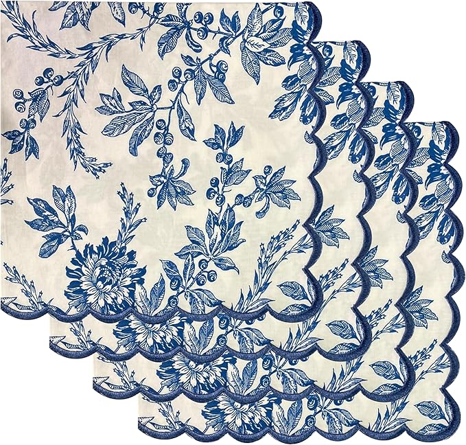 Ridhi Hand Block Print Incremental Blue 18" x 18" (Set of 4) Embroidery Table Napkins Reusable Cotton Dinner Napkins for Weddings, Parties, Everyday Dining Gift for Spring, Easter, Valentine
