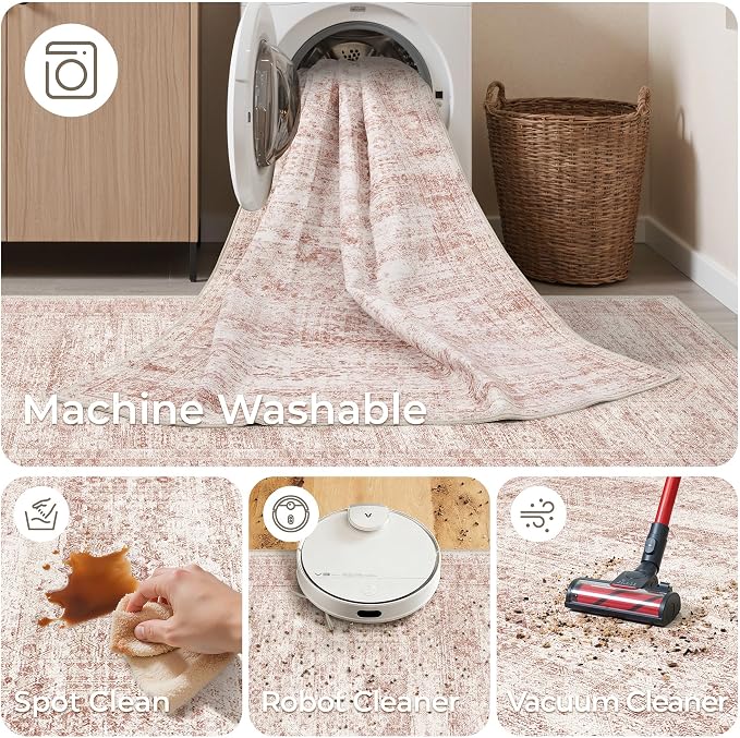 Rug Runners for Hallways Non Slip - 2x8 Runner Rug for Bedroom, Washable Runner with Rubber Backing, Soft Low-Pile Carpet for Kitchen, Laundry, Bathroom (2'x8', Pink/Ivory)