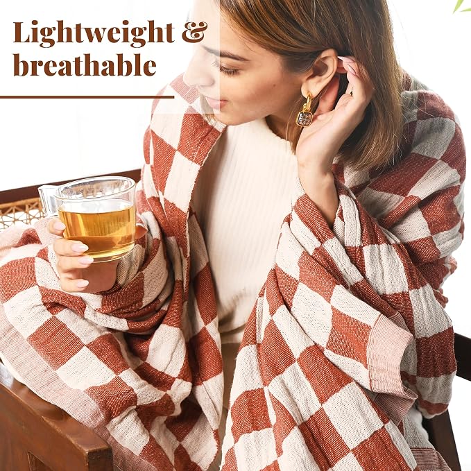 Folkulture Throw Blanket for Couch 50" x 60" | Cotton, Lightweight & Breathable Summer Blanket for Chair, Couch, Bed | Rust Comfort Throw Blankets for Living Room, Summer Must Haves, Graduation Gift