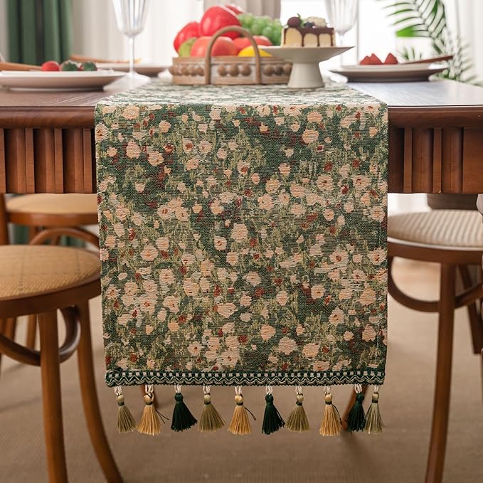 Floral Spring Summer Table Runner for Living Room Jacquard Flower Dining Table Runner with Tassels Daisy Decorative Elegant Natural Table Runners 13 x 48 Inch Green