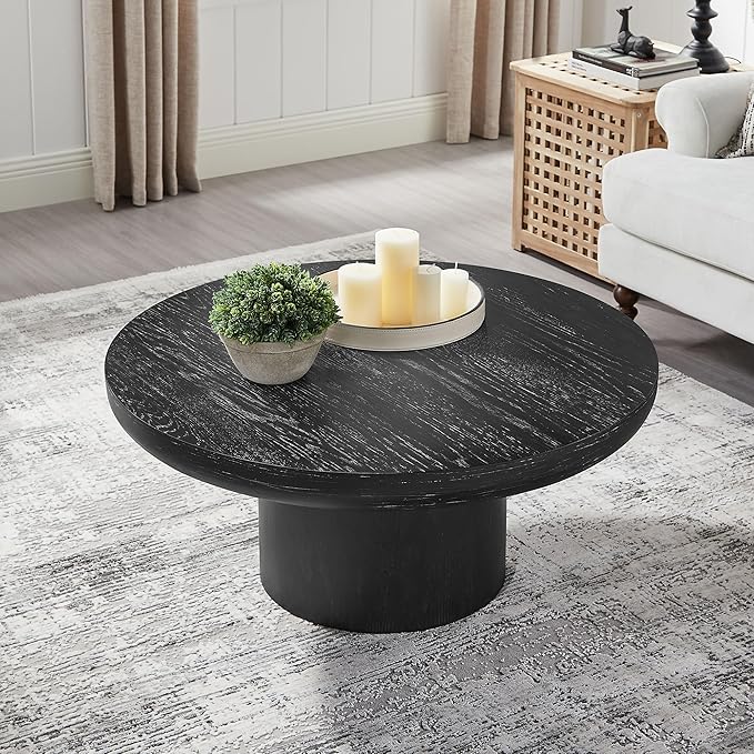 35.98'' Round Coffee Table, Circle Wood Black Coffee Table for Living Room, Modern Retro Style Pedestal Coffee Table, Easy Assembly, Black-ø35.98''