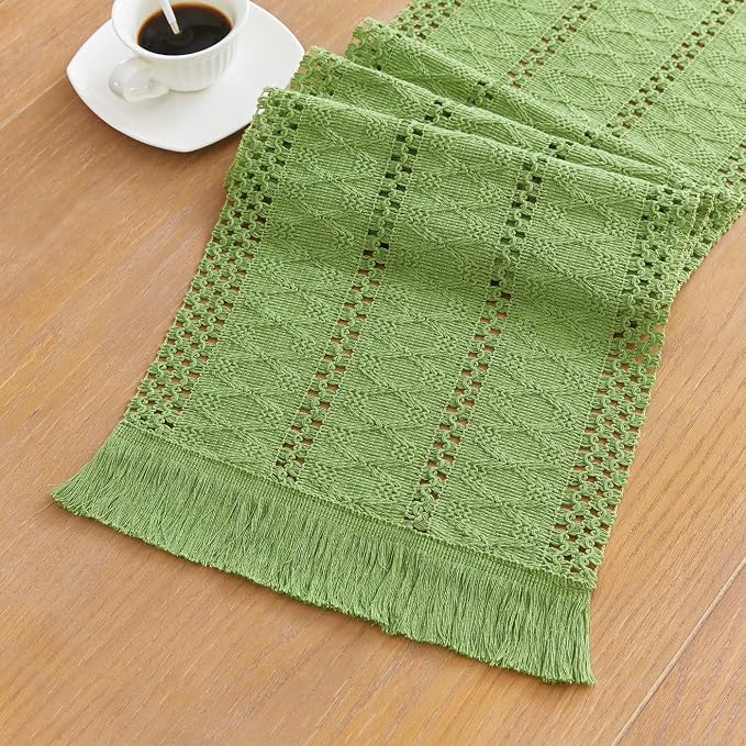 YATOJUZI Green Table Runner Pure Green Boho Table Runners with Tassels 108 Inches Seasonal Long Table Runner Rustic Farmhouse Table Runners for Bohemian Dining Bedroom Kitchen Decor 12x108 Inches