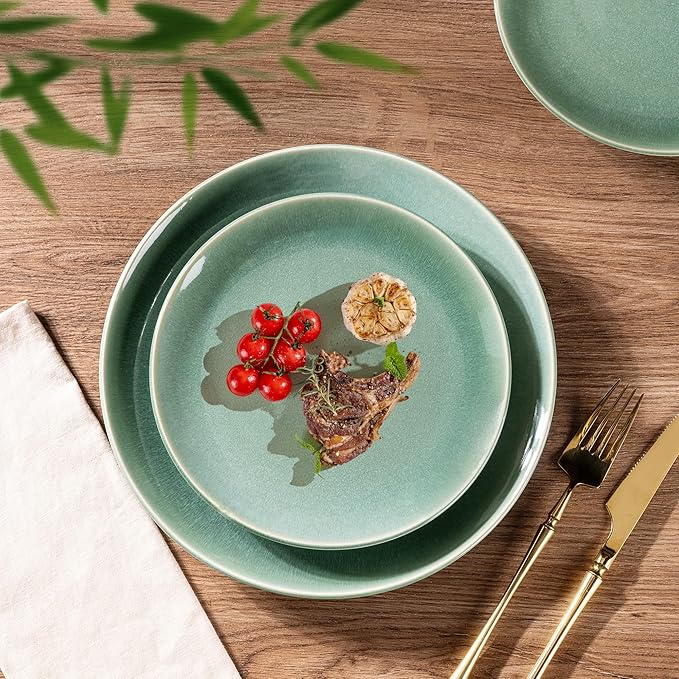 GBHOME Ceramic Dinnerware Sets for 8, 24 Pieces Stoneware Plates and Bowls Sets, Reactive Glaze Dish set -Scratch Resistant, Dishwasher&Microwave Safe-Malachite Green