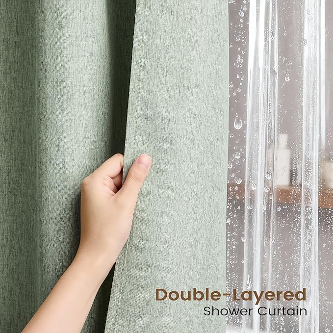 BTTN 3 in 1 Shower Curtain Set - 78 Inch Long Linen Textured Cloth Shower Curtain Liner with Plastic Hooks and 3 Magnets, Tall Modern Luxury Waterproof Shower Curtain for Bathroom, Sage Green, 72x78
