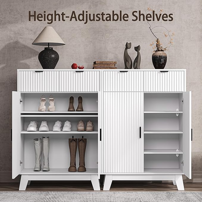 Fluted Shoe Cabinet, 4-Tier Mid Century Modern Narrow Shoe Storage Cabinet with Doors & 2 Drawers, Adjustable Shelves, Freestanding Hidden Shoe Rack Organizer & Wooden Legs for Entryway