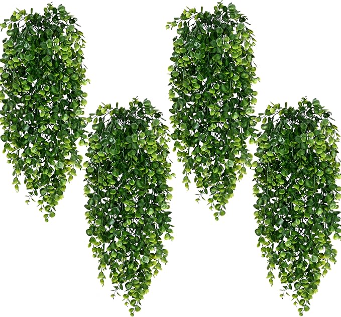Waipfaru 4Pcs Fake Hanging Plants 2.7ft Fake Plants Eucalyptus Leaves UV Resistant Fake Vines Ivy Artificial Plants Outdoor Faux Plants Indoor Bedroom Living Room Boho Wall Porch Shelf Decor