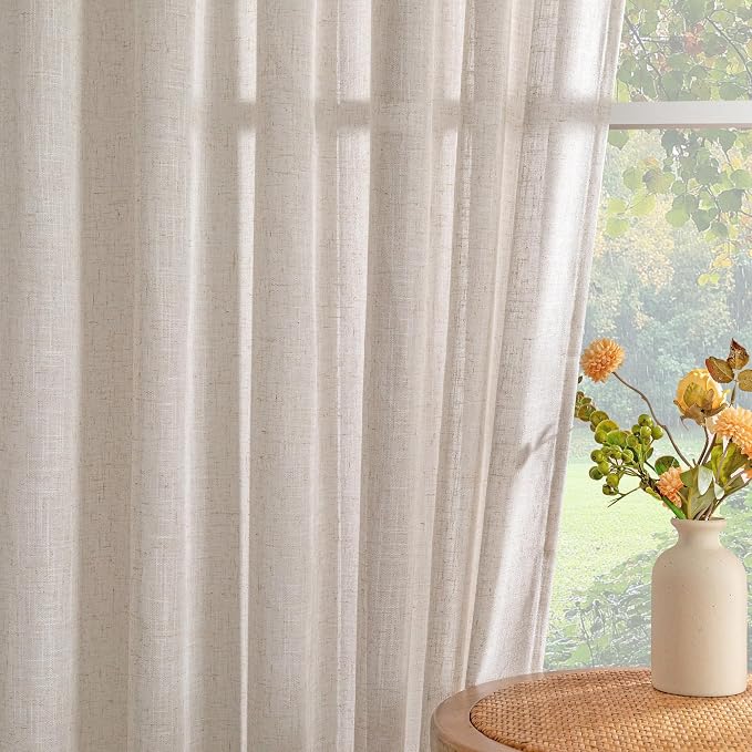 MYSKY HOME Linen Natural Farmhouse Kitchen Curtains 54 inches Long, Boho Curtain Panels Country Style Semi Sheer Window Panels for Home Decor, Light Filtering Privacy Drapes, 50" Wide, Pack-2