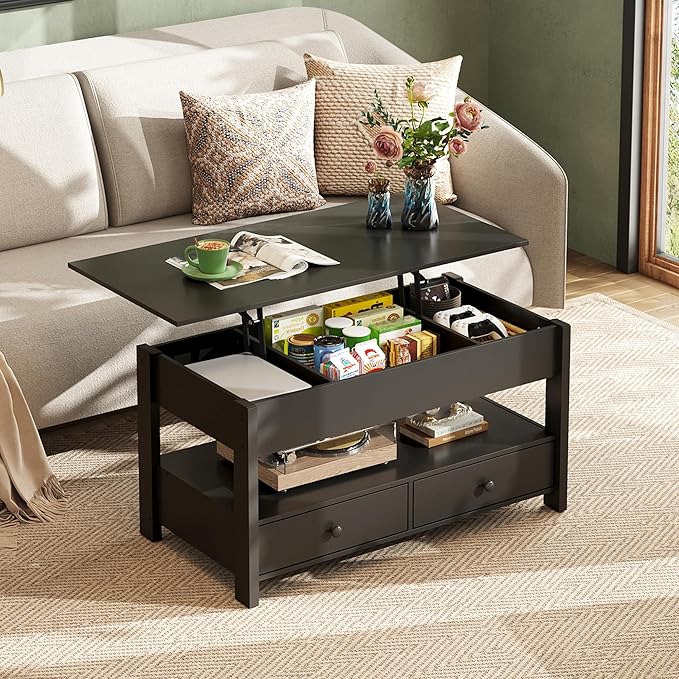 WLIVE Coffee Table, Lift Top Coffee Table with 2 Drawers, Large Hidden Compartment and Open Storage Shelf, Lift Tabletop, Dining Table for Living Room, Black