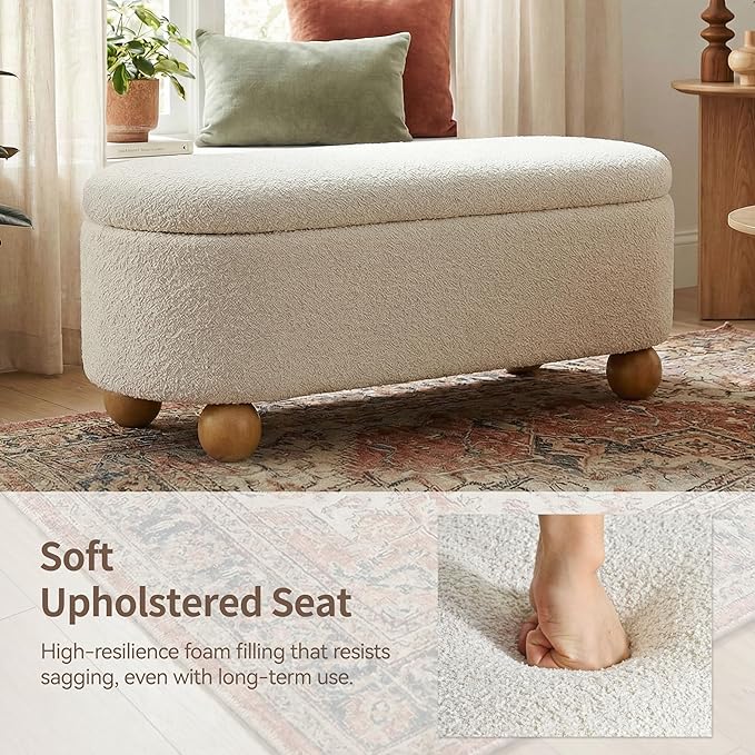 VKNOW 44.8" Storage Ottoman Bench End of Bed Bench, Thickened Upholstered Blanket Chest for Living Room, Entryway Bench with Cute Spherical Solid Wood Stool Legs for Bedroom, Beige