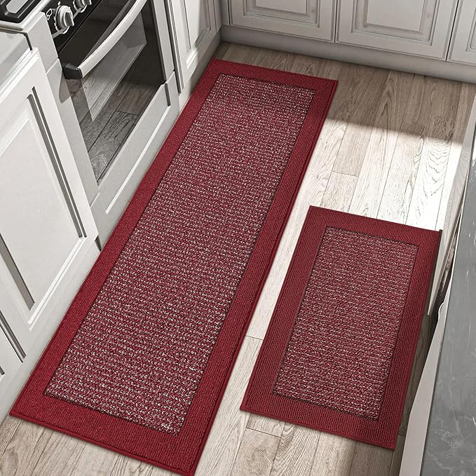 BEQHAUSE Kitchen Rugs and Mats Set of 2 Non-Slip Kitchen Mats for Floor, Absorbent and Stain Resistant Kitchen Runner, Machine Washable Rugs for Kitchen, Laundry & Sink, 20"x32"+20"x48", Red