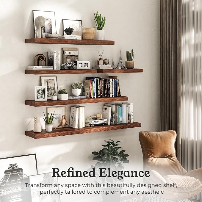 Floating Shelves for Wall, 9.3" Deep Wall Mounted Wood Shelves for Bathroom, Bedroom, Living Room, Kitchen, Hanging Shelf for Books/Storage/Room Decor (Walnut, 36")