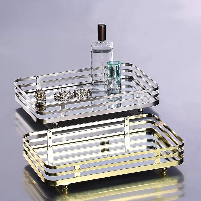 SunnyPoint Classic Decorative Vanity Perfume Dresser Jewelry Organizer Makeup Mirror Tray (Polished Gold) (Pack of 2)