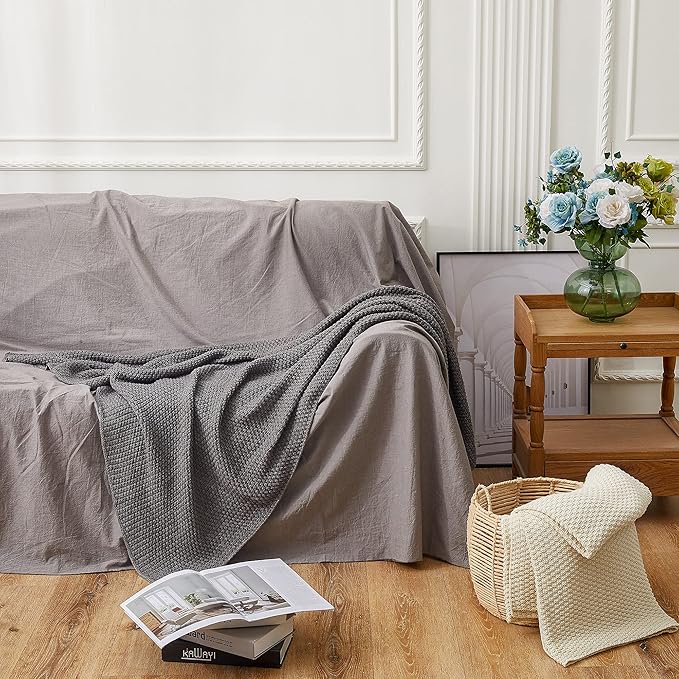 Longhui bedding 100% Cotton Knitted Throw Blanket – Dark Grey, Soft & Cozy, Machine Washable, 60"x80" – Perfect for Living Room, Couch, Sofa, Bed or Travel