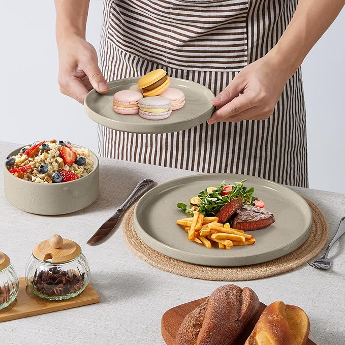 E-far 8-Piece Plates and Bowls Sets - Stoneware Dinnerware Sets with Pasta Bowls for 2 | Microwave & Dishwasher Safe Kitchen Modern Dish Set, Speckled Khaki