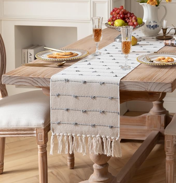 Caflife Boho Table Runner 72 Inchs Long for Modern Farmhouse Room Home Decor, Grey and Beige Coffee Table Runner, Natural Cotton Woven with Tassels Neutral, for Kitchen Dining Table Decor