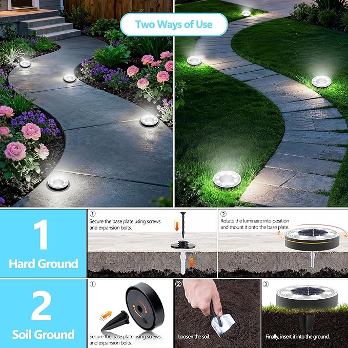Joomer 16 Pack Solar Ground Lights, 2-in-1 Solar Lights Outdoor Waterproof Solar Powered Disc Light Landscape Garden Lighting Light for Patio Pathway Lawn Yard Driveway Walkway Deck Step(White)