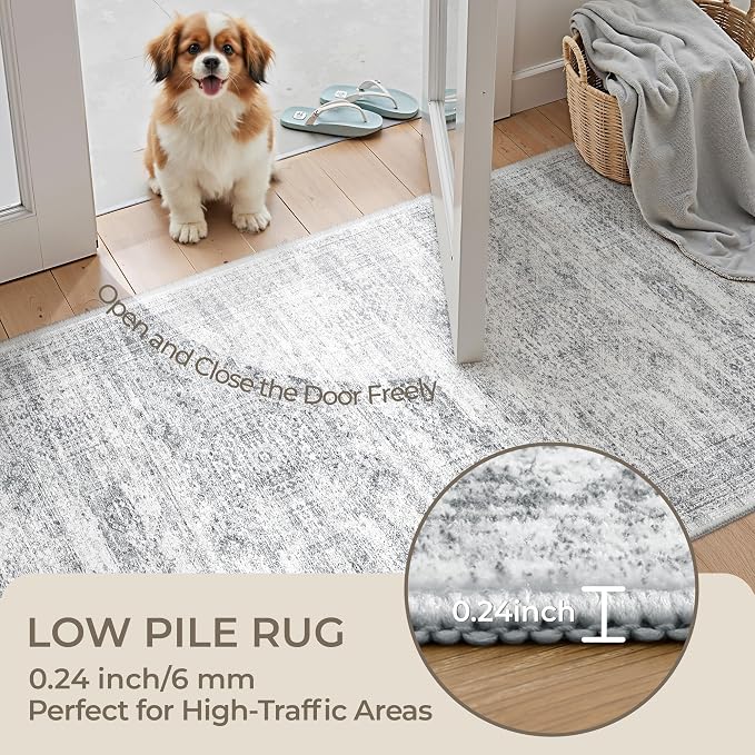 Kitchen Runner Rugs Non Skid Washable - 2.5 x 10 Runner Rug with Anti Slip Backing, Ultra-Thin Soft Rug Runner for Hallway, Bedroom, Living Room (2.5'x10', Grey/Ivory)