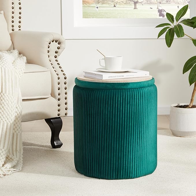 Royal Windsor Round Ottoman with Storage Set of 2,Vanity Stool with Storage for Bedroom, Ottoman Coffee Table, Small Velvet Foot Stool for Living Room, Green