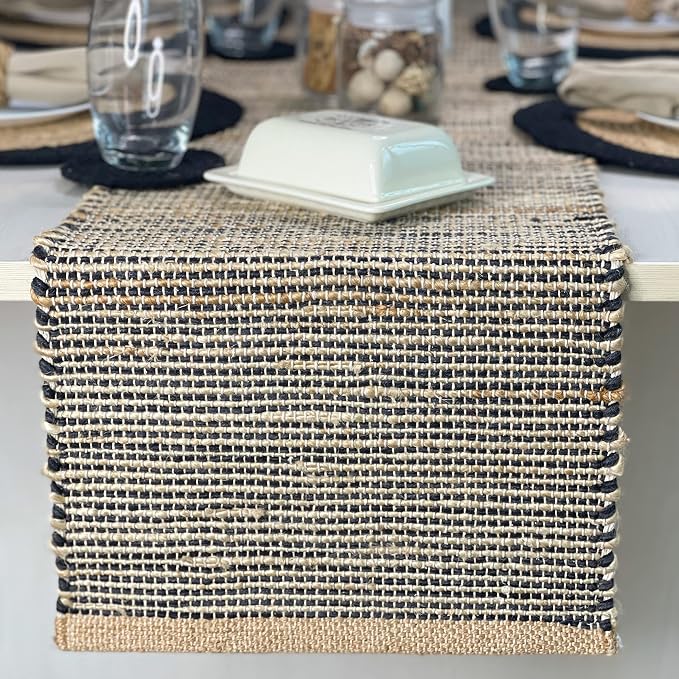 Chardin home Natural Jute Table Runner 13x72 Inch – Vintage Boho Rustic Table Decor – Handwoven Table Runner in Natural Jute and Black – Farmhouse Dining or Console Table Accent