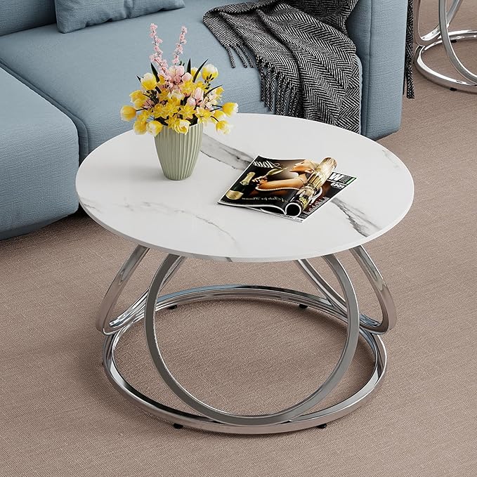 O&K FURNITURE Silver Coffee Table, Round Coffee Table Faux Marble Veins, Modern Center Table with Chrome Finish, for Living Room, Home Office, 1 PC