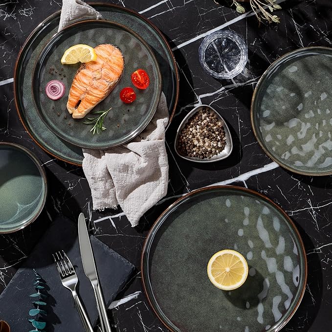 LIANYU Stoneware Dinnerware Set, 6 Piece Plates and Bowls Sets for 2, Ceramic Dish Set Includes Dinner Salad Plates, Cereal Bowls, Microwave & Dishwasher Safe, Moss Green