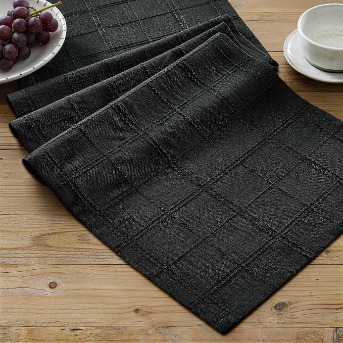 ZeeMart Linen Checked Farmhouse Table Runner, 13x108 Inches Black | Raised Grid Design, Rich Woven Texture, Linen Blend Table Runners 108 Inches Long, Machine Washable, Boho Home Kitchen Decor