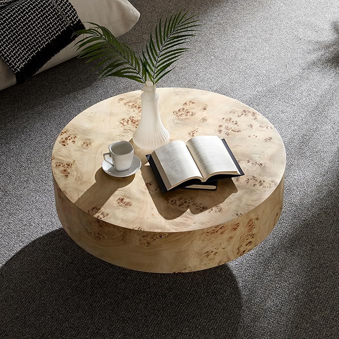 31.49" Round Coffee Table with Burl Wood Veneer & Sturdy Pedestal, Modern Luxury Circle Drum Center Table, Accent Side Table End Table for Living Room Apartment, Natural