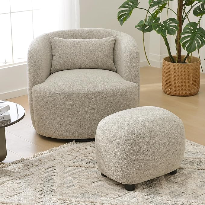 KINWELL 34" Wide Boucle Swivel Barrel Chair with 23" Ottoman Set, Fully Assembled Set of Sherpa Accent Chair and Footrest, Modern Comfy Armchair and Footstool for Living Room and Bedroom, Taupe