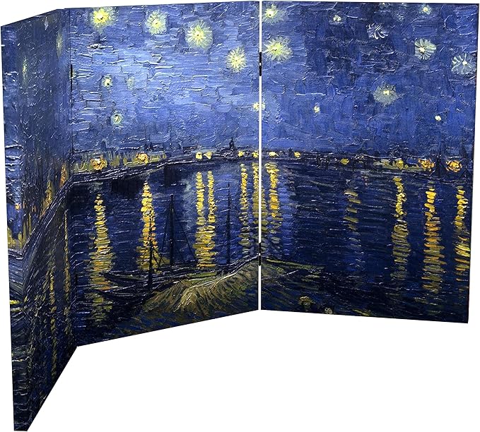 Red Lantern 2 ft. Short Double Sided Works of Van Gogh Canvas Folding Screen - Irises/Starry Night Over Rhone 3 Panel Freestanding Partition Separator for Modern and Contemporary Home, Office, Dorm