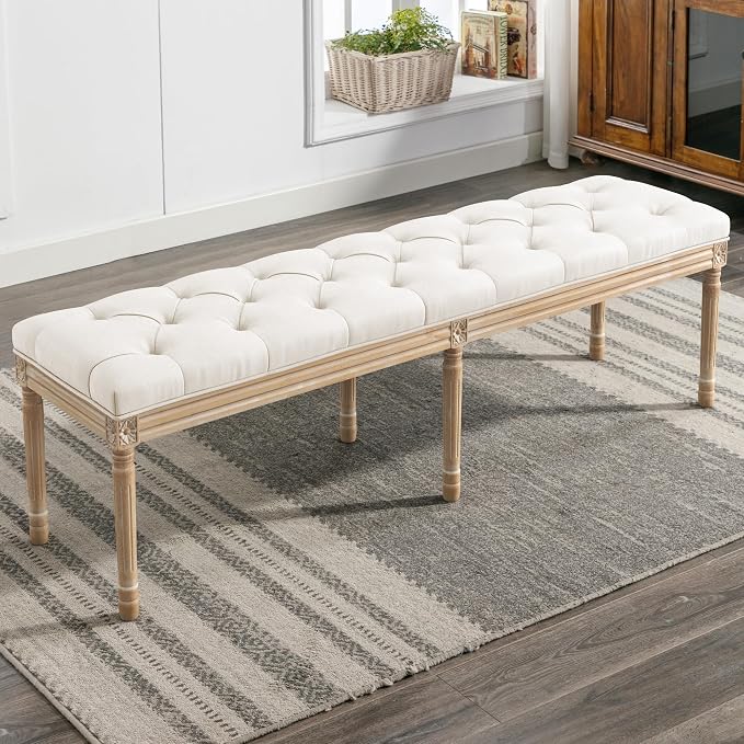 LUE BONA 60" Fabric End of Bed Bench, Upholstered Tufted French Bedroom Bench with Carved Legs for Bedroom End of King Size Bed, Living Room, Beige