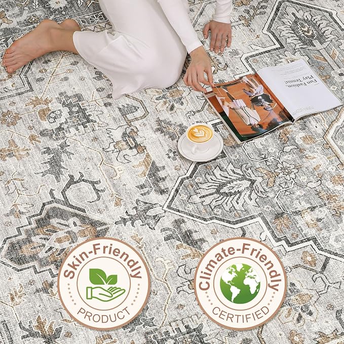 7x9 Area Rug Living Room: Washable Boho Large Neutral Vintage Soft Rugs Stain Resistant Distressed Farmhouse Non-Slip Indoor Floor Carpet for Bedroom Nursery Kids Office Dining Room- Taupe