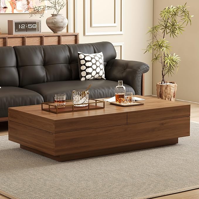 Mid-Century Modern Expandable Coffee Table, 47.2"-81.8" Adjustable Walnut Center Table with Large Hidden Storage for Living Room