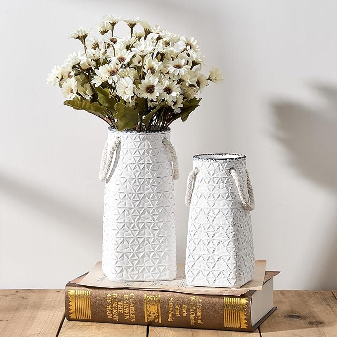 Vaseking Elegant White Petite Vase, 7 inch Ceramic Modern Minimalism Geometric Texture Purse Vase with Hanging Rope, Creative Tote Bag Vases for Home Decor, Living Room, Wedding, Bookshelf Decor