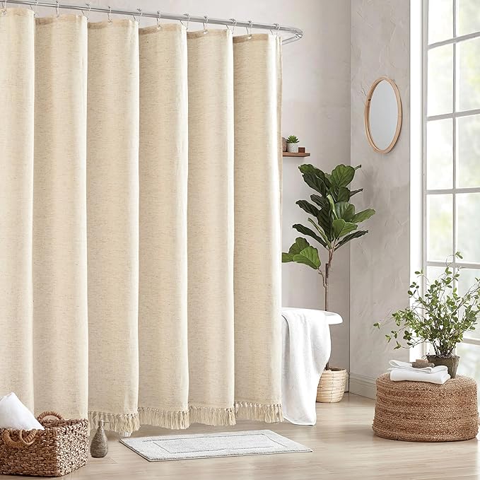 78 Inches Long Natural Linen Shower Curtain with Tassels, Tall Country Boho Farmhouse Linen Shower Curtains for Bathroom Natural Cloth Weighted Fabric Bath Curtains