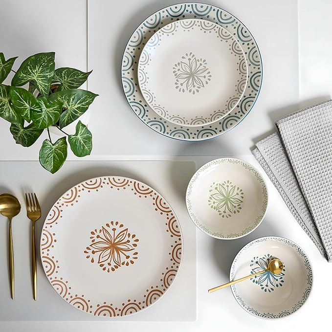 Sango 12-Piece Speckled Stoneware Dinnerware Set for 4- Glossy Plates and Bowls Set with Hand-Painted Floral Pattern, Rustic Ceramic Dish Set, Elegant Dishes for Everyday Dining, Siterra Glazed Garden