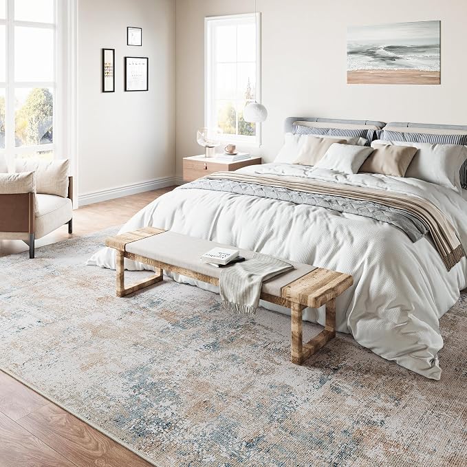 6x9 Washable Area Rug Beige Blue Abstract Non Slip Soft Low Pile Rug for Living Room Bedroom Dining Room Office Neutral Modern Indoor Throw Carpet for Home Decor