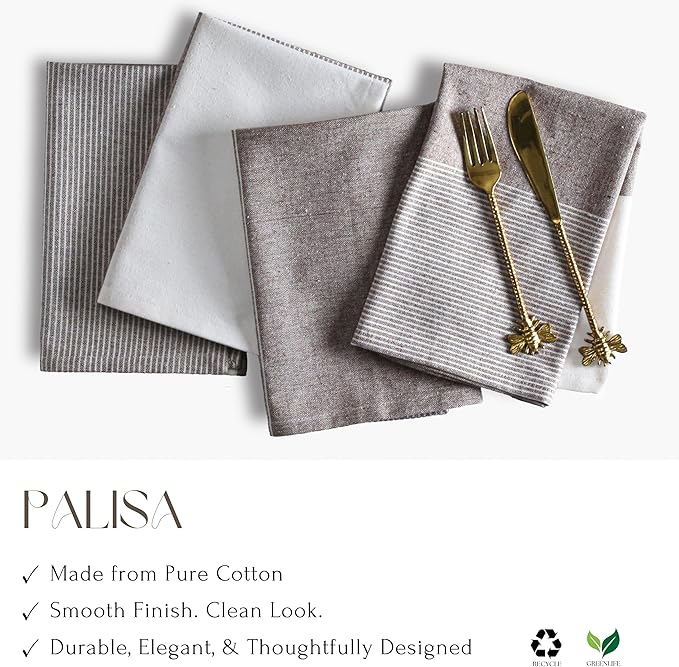 Palisa 100% Cotton Cloth Dinner Napkins [Pack of 4, Nut Brown] Striped Pattern Reusable Table Linen Napkins for Home & Kitchen | Parties & Farmhouse Dining Décor 18x18 Inch