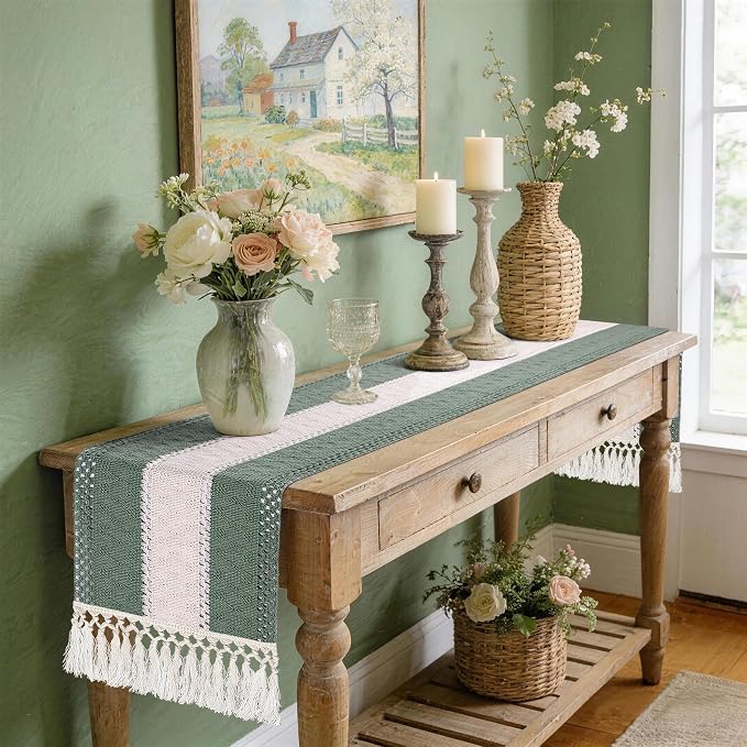 yuboo Sage Green Table Runner 72 Inches for Boho Farmhouse Decor, Cotton Woven Table Runners with Tassels for Gender Reveal Party, Rustic Green Dining Table Decor for Wedding & Baby Shower