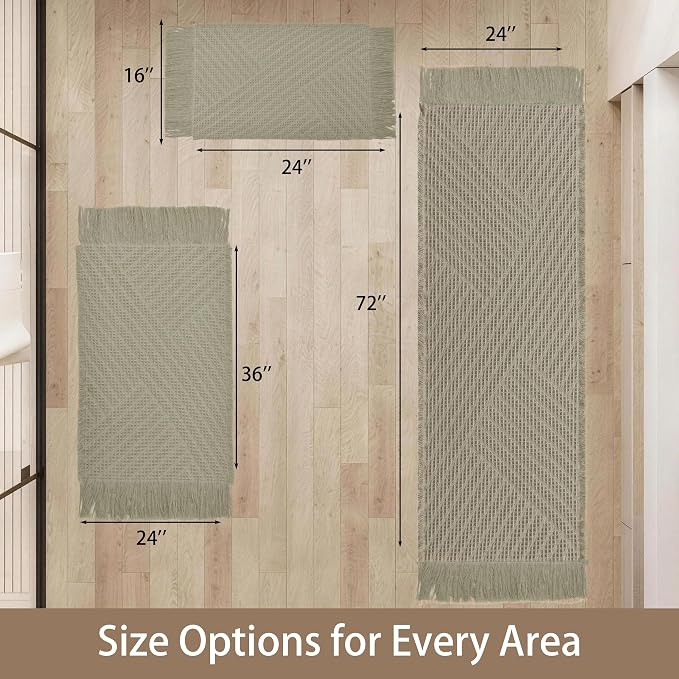 Waffle Bath Mat Non Slip, Boho Runner Rug, Super Absorbent Quick Dry Long Bath Runner Bathroom, Soft Farmhouse Bath Rug with Tassels, Washable Shower Mats for Floor 24"x48", Tassels Sage Green